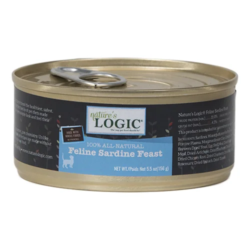    - High-fiber cat food  Nature's Logic Feline Sardine Feast Canned Food